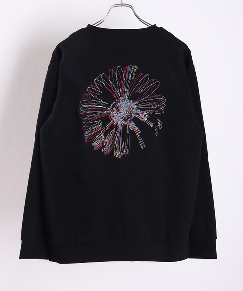 ビッグシルエット 花刺繍 薔薇 ストレッチ裏起毛 クルーネック
