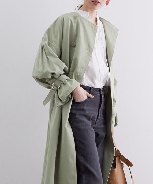 【撥水】【花粉ガード】ノーカラー袖ボリュームコート