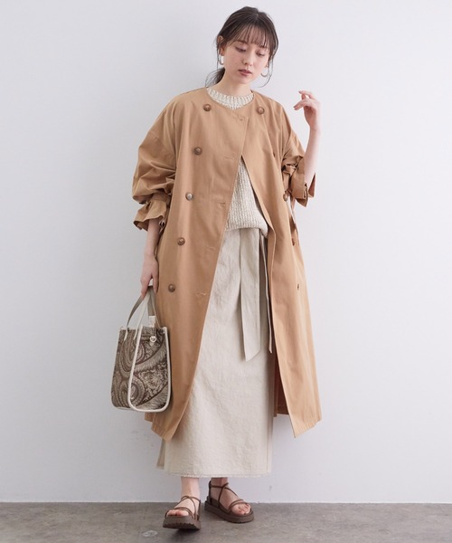 【撥水】【花粉ガード】ノーカラー袖ボリュームコート