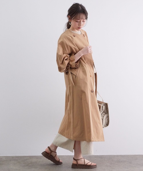 【撥水】【花粉ガード】ノーカラー袖ボリュームコート