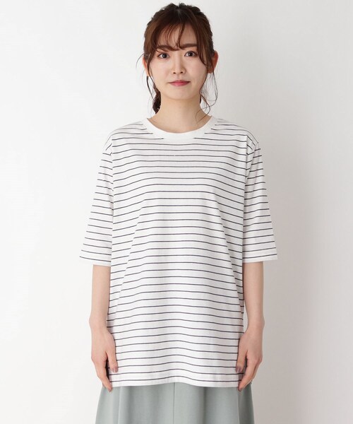 pink adobe（ピンクアドベ）の「◆【M-LL】【洗える】スクエアスリット5分袖Tシャツ（Tシャツ/カットソー・レディース・チャコールグレー/オフホワイト/ライトグリーン/ホワイト系5・40/38/42）」の6枚目の写真