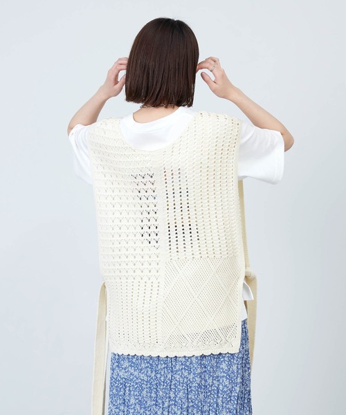Amerge リボン付きホワイトブラックニットベスト AMERICAN HOLIC ブラウス シャツ SET イージーケアギャザー