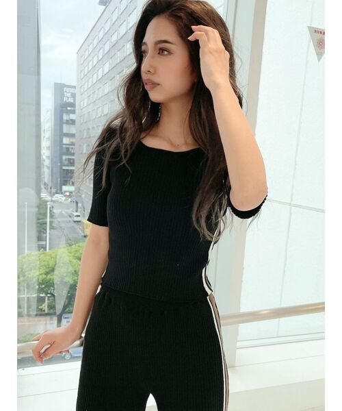 GYDA（ジェイダ）の「【SETUP着用可】サイドラインハーフスリーブニットTOPS（Tシャツ/カットソー・レディース・アイボリー/ブラック/ピンク・FREE）」の7枚目の写真