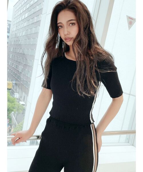 GYDA（ジェイダ）の「【SETUP着用可】サイドラインハーフスリーブニットTOPS（Tシャツ/カットソー・レディース・アイボリー/ブラック/ピンク・FREE）」の6枚目の写真