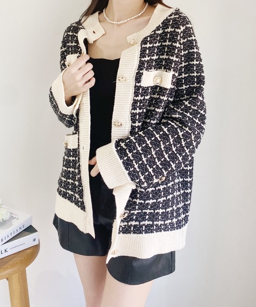 Loueme（ルエム）の「バイカラーツイードニットカーディガン（カーディガン/ボレロ・レディース・ホワイト/ブラック・FREE）」の15枚目の写真