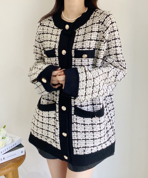 Loueme（ルエム）の「バイカラーツイードニットカーディガン（カーディガン/ボレロ・レディース・ホワイト/ブラック・FREE）」の7枚目の写真
