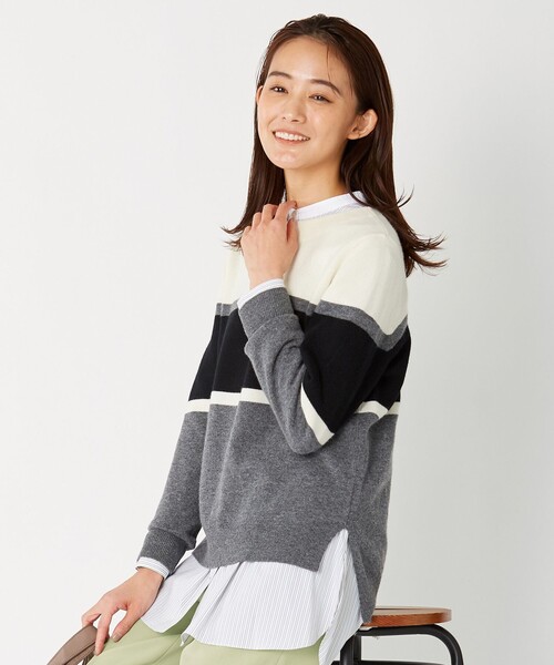 J.PRESS(ジェイプレス)の「【洗える】CASHMERE BLENDⅡ カラーブロック ニット(ニット/セーター・レディース・ホワイト系1/ブラウン系1/サックスブルー系1/ふじ色系1・MEDIUM/LARGE)」の1枚目の写真
