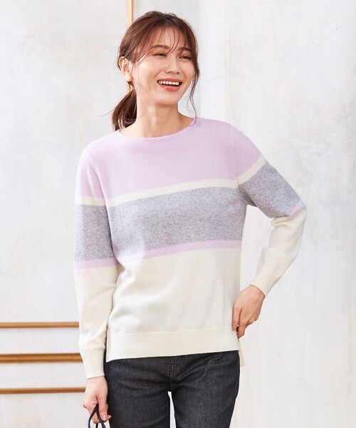 J.PRESS(ジェイプレス)の「【洗える】CASHMERE BLENDⅡ カラーブロック ニット(ニット/セーター・レディース・ホワイト系1/ブラウン系1/サックスブルー系1/ふじ色系1・MEDIUM/LARGE)」の4枚目の写真