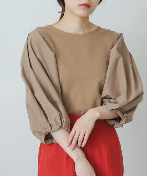 SENSE OF PLACE by URBAN RESEARCH(センスオブプレイスバイアーバンリサーチ)の「ボリュームスリーブドッキングトップ5分(Tシャツ/カットソー)」|ベージュ