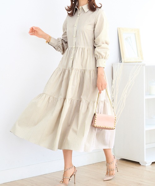 Prima Scherrer(プリマシェレル)の「ウエストリボン ストライプ シャツワンピース Prima Scherrer(ワンピース・レディース・ベージュ/ネイビー/サックスブルー・S/M)」の14枚目の写真