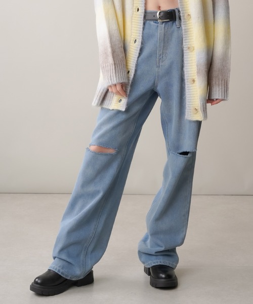 SPINNS（スピンズ）の「カットオフデニム ストレートパンツ（デニムパンツ・レディース・ブラック/ブラック系その他/ブルー/ケミカルウォッシュ・S/M）」の3枚目の写真