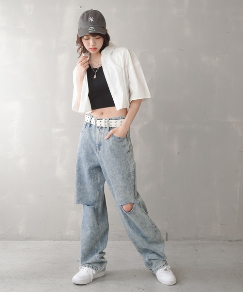 SPINNS（スピンズ）の「カットオフデニム ストレートパンツ（デニムパンツ・レディース・ブラック/ブラック系その他/ブルー/ケミカルウォッシュ・S/M）」の8枚目の写真