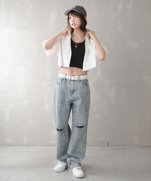 SPINNS（スピンズ）の「カットオフデニム ストレートパンツ（デニムパンツ・レディース・ブラック/ブラック系その他/ブルー/ケミカルウォッシュ・S/M）」の14枚目の写真