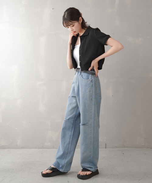 SPINNS（スピンズ）の「カットオフデニム ストレートパンツ（デニムパンツ・レディース・ブラック/ブラック系その他/ブルー/ケミカルウォッシュ・S/M）」の11枚目の写真