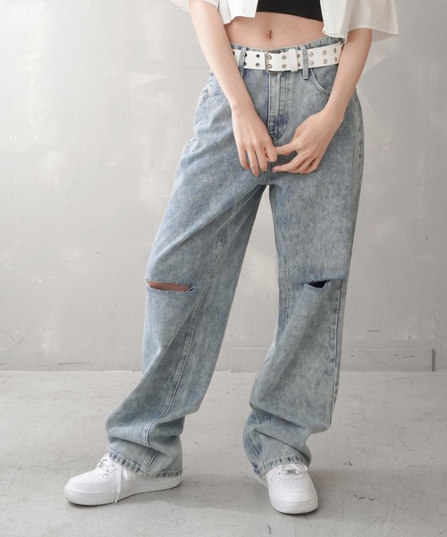 SPINNS（スピンズ）の「カットオフデニム ストレートパンツ（デニムパンツ・レディース・ブラック/ブラック系その他/ブルー/ケミカルウォッシュ・S/M）」の7枚目の写真