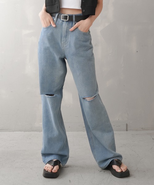 SPINNS（スピンズ）の「カットオフデニム ストレートパンツ（デニムパンツ・レディース・ブラック/ブラック系その他/ブルー/ケミカルウォッシュ・S/M）」の10枚目の写真