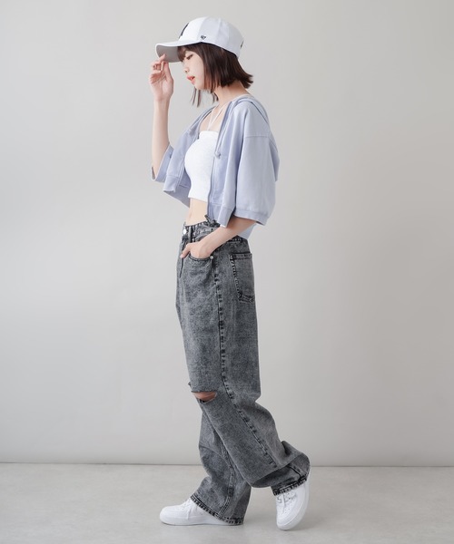 SPINNS（スピンズ）の「カットオフデニム ストレートパンツ（デニムパンツ・レディース・ブラック/ブラック系その他/ブルー/ケミカルウォッシュ・S/M）」の18枚目の写真