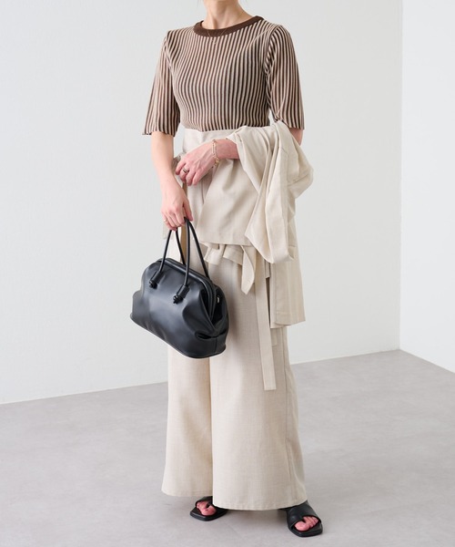 COLONY 2139(コロニートゥーワンスリーナイン)の「麻タッチ配色リブ5分袖プルオーバー / バイカラーニットトップス(ニット/セーター・レディース・ブラック/ブラウン/グリーン・FREE)」の20枚目の写真