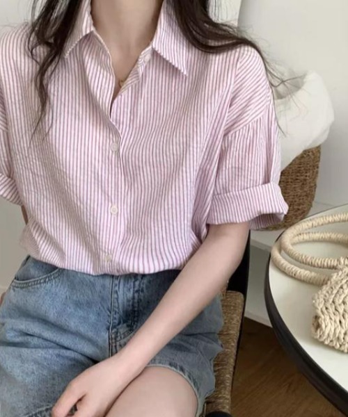 CLEA（クレア）の「ストライプカラー半袖シャツ（シャツ/ブラウス・レディース・ピンク/イエロー/ブルー/グリーン・FREE）」の4枚目の写真