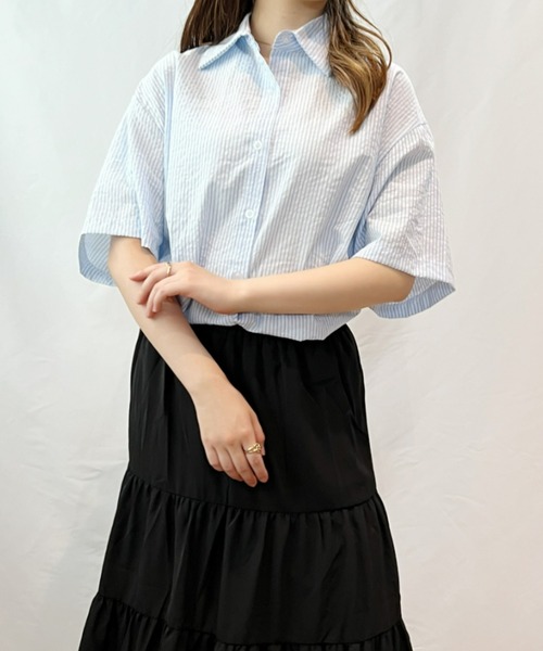 CLEA（クレア）の「ストライプカラー半袖シャツ（シャツ/ブラウス・レディース・ピンク/イエロー/ブルー/グリーン・FREE）」の5枚目の写真