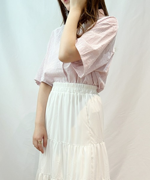 CLEA（クレア）の「ストライプカラー半袖シャツ（シャツ/ブラウス・レディース・ピンク/イエロー/ブルー/グリーン・FREE）」の13枚目の写真