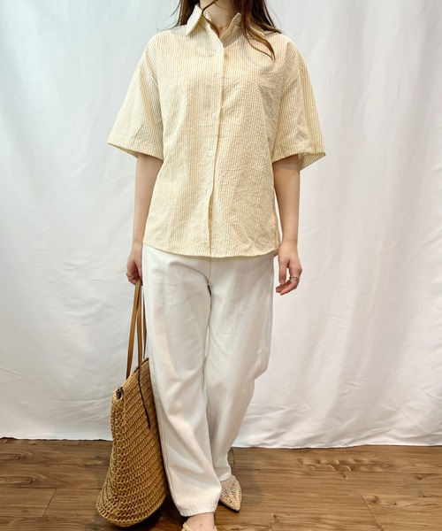 CLEA（クレア）の「ストライプカラー半袖シャツ（シャツ/ブラウス・レディース・ピンク/イエロー/ブルー/グリーン・FREE）」の15枚目の写真