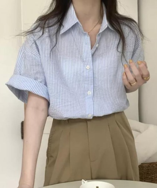 CLEA（クレア）の「ストライプカラー半袖シャツ（シャツ/ブラウス・レディース・ピンク/イエロー/ブルー/グリーン・FREE）」の19枚目の写真