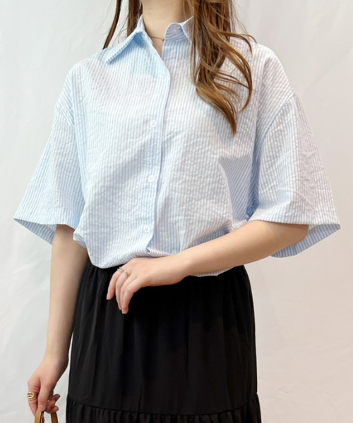 CLEA（クレア）の「ストライプカラー半袖シャツ（シャツ/ブラウス・レディース・ピンク/イエロー/ブルー/グリーン・FREE）」の21枚目の写真