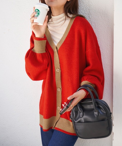 Chaco closet（チャコ クローゼット）の「配色切り替えVネックニットカーディガン（カーディガン/ボレロ・レディース・アイボリー/ブラック/レッド/パープル/オレンジ・FREE）」の22枚目の写真