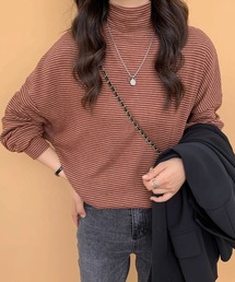 ハーフボーダーハイネックロングTシャツ