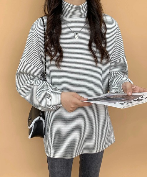 ECLIN（エクラン）の「ハーフボーダーハイネックロングTシャツ（Tシャツ/カットソー・レディース・ホワイト/ブラック/ベージュ/ブラウン・M/L）」の21枚目の写真