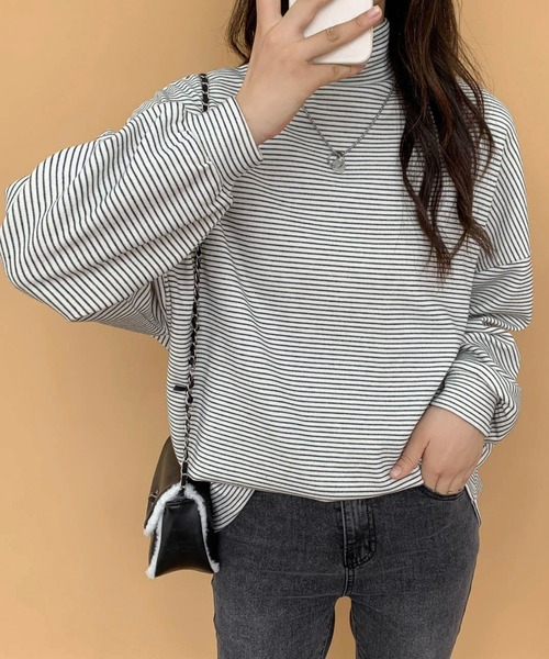 ECLIN（エクラン）の「ハーフボーダーハイネックロングTシャツ（Tシャツ/カットソー・レディース・ホワイト/ブラック/ベージュ/ブラウン・M/L）」の16枚目の写真