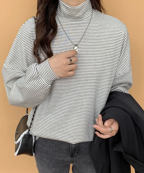 ECLIN（エクラン）の「ハーフボーダーハイネックロングTシャツ（Tシャツ/カットソー・レディース・ホワイト/ブラック/ベージュ/ブラウン・M/L）」の22枚目の写真