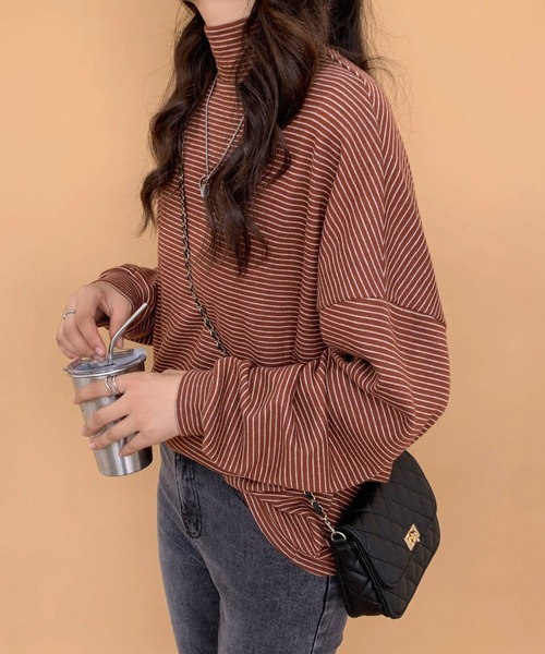 ECLIN（エクラン）の「ハーフボーダーハイネックロングTシャツ（Tシャツ/カットソー・レディース・ホワイト/ブラック/ベージュ/ブラウン・M/L）」の15枚目の写真