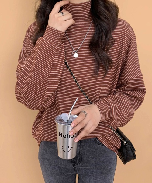 ECLIN（エクラン）の「ハーフボーダーハイネックロングTシャツ（Tシャツ/カットソー・レディース・ホワイト/ブラック/ベージュ/ブラウン・M/L）」の20枚目の写真