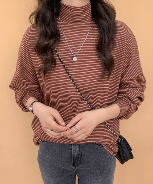 ECLIN（エクラン）の「ハーフボーダーハイネックロングTシャツ（Tシャツ/カットソー・レディース・ホワイト/ブラック/ベージュ/ブラウン・M/L）」の10枚目の写真