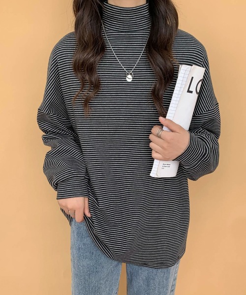 ECLIN（エクラン）の「ハーフボーダーハイネックロングTシャツ（Tシャツ/カットソー・レディース・ホワイト/ブラック/ベージュ/ブラウン・M/L）」の12枚目の写真