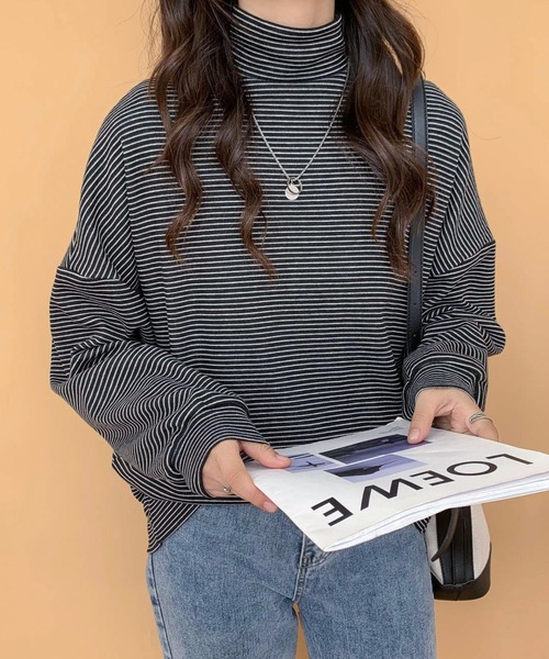 ECLIN（エクラン）の「ハーフボーダーハイネックロングTシャツ（Tシャツ/カットソー・レディース・ホワイト/ブラック/ベージュ/ブラウン・M/L）」の17枚目の写真