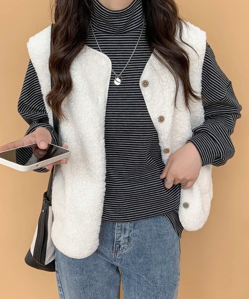 ECLIN（エクラン）の「ハーフボーダーハイネックロングTシャツ（Tシャツ/カットソー・レディース・ホワイト/ブラック/ベージュ/ブラウン・M/L）」の13枚目の写真