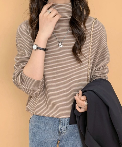 ECLIN（エクラン）の「ハーフボーダーハイネックロングTシャツ（Tシャツ/カットソー・レディース・ホワイト/ブラック/ベージュ/ブラウン・M/L）」の19枚目の写真