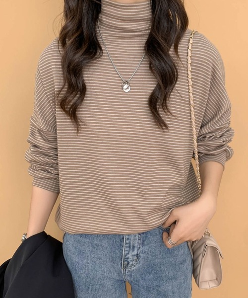 ECLIN（エクラン）の「ハーフボーダーハイネックロングTシャツ（Tシャツ/カットソー・レディース・ホワイト/ブラック/ベージュ/ブラウン・M/L）」の14枚目の写真