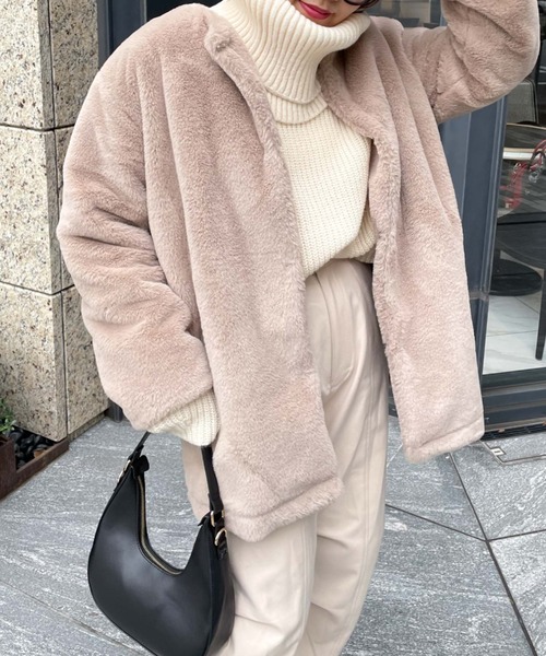 archives（アルシーヴ）の「【Limited item】ECO FAR NO COLLAR COAT（ノーカラーコート・レディース・ブラウン/ベージュ・MEDIUM）」の3枚目の写真