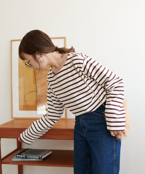 DISCOAT（ディスコート）の「【WEB限定】バスクボーダーロングスリーブ（Tシャツ/カットソー・レディース・ブルー/サックスブルー/ピンク/オレンジ/ミント/パープル/ネイビー/ブラウン/ブラック/マスタード/ホワイト/ベージュ/キャメル/ベビーピンク/グレー/レッド/オフホワイト/イエロー・FREE）」の20枚目の写真