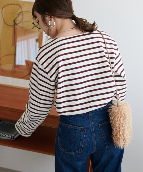 DISCOAT（ディスコート）の「【WEB限定】バスクボーダーロングスリーブ（Tシャツ/カットソー・レディース・ブルー/サックスブルー/ピンク/オレンジ/ミント/パープル/ネイビー/ブラウン/ブラック/マスタード/ホワイト/ベージュ/キャメル/ベビーピンク/グレー/レッド/オフホワイト/イエロー・FREE）」の21枚目の写真