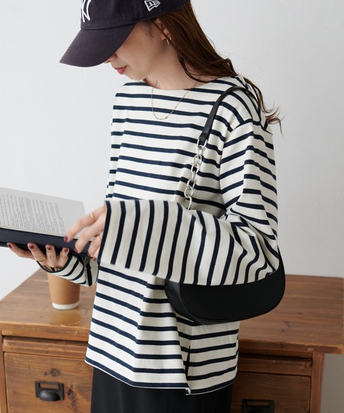 DISCOAT（ディスコート）の「【WEB限定】バスクボーダーロングスリーブ（Tシャツ/カットソー・レディース・ブルー/サックスブルー/ピンク/オレンジ/ミント/パープル/ネイビー/ブラウン/ブラック/マスタード/ホワイト/ベージュ/キャメル/ベビーピンク/グレー/レッド/オフホワイト/イエロー・FREE）」の9枚目の写真