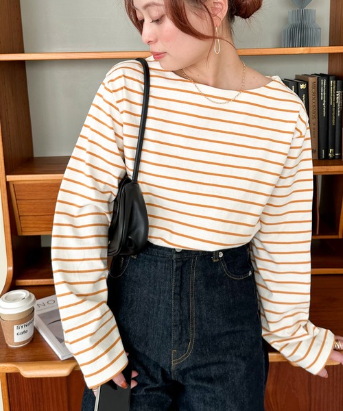 DISCOAT（ディスコート）の「【WEB限定】バスクボーダーロングスリーブ（Tシャツ/カットソー・レディース・ブルー/サックスブルー/ピンク/オレンジ/ミント/パープル/ネイビー/ブラウン/ブラック/マスタード/ホワイト/ベージュ/キャメル/ベビーピンク/グレー/レッド/オフホワイト/イエロー・FREE）」の15枚目の写真