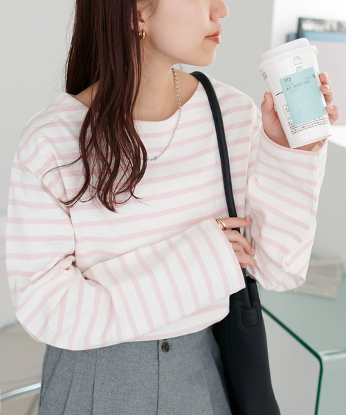 DISCOAT（ディスコート）の「【WEB限定】バスクボーダーロングスリーブ（Tシャツ/カットソー・レディース・ブルー/サックスブルー/ピンク/オレンジ/ミント/パープル/ネイビー/ブラウン/ブラック/マスタード/ホワイト/ベージュ/キャメル/ベビーピンク/グレー/レッド/オフホワイト/イエロー・FREE）」の16枚目の写真