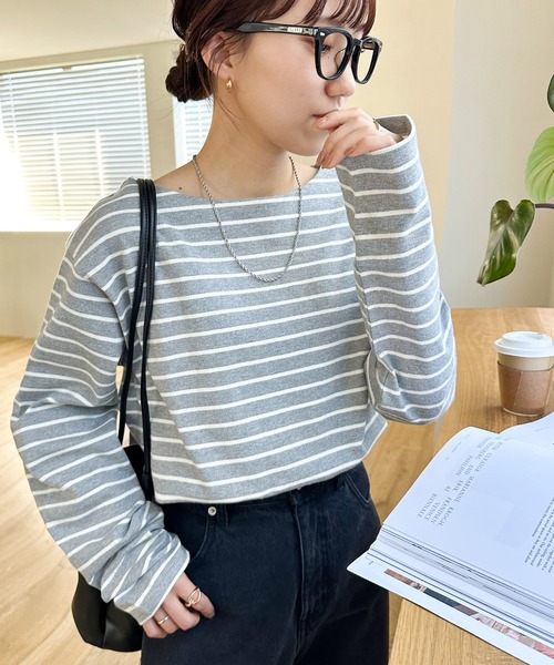 DISCOAT（ディスコート）の「【WEB限定】バスクボーダーロングスリーブ（Tシャツ/カットソー・レディース・ブルー/サックスブルー/ピンク/オレンジ/ミント/パープル/ネイビー/ブラウン/ブラック/マスタード/ホワイト/ベージュ/キャメル/ベビーピンク/グレー/レッド/オフホワイト/イエロー・FREE）」の5枚目の写真