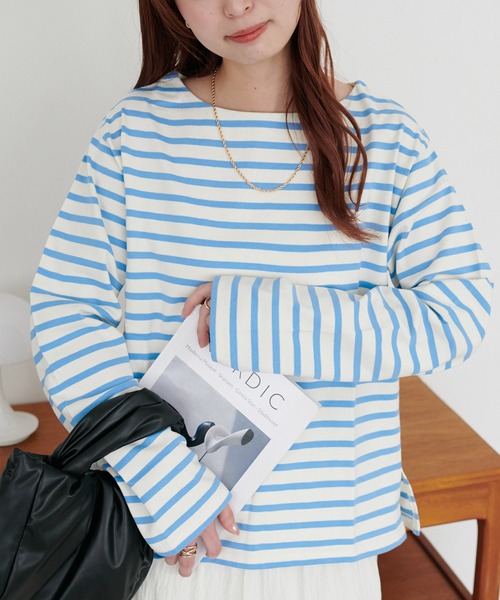 DISCOAT（ディスコート）の「【WEB限定】バスクボーダーロングスリーブ（Tシャツ/カットソー・レディース・ブルー/サックスブルー/ピンク/オレンジ/ミント/パープル/ネイビー/ブラウン/ブラック/マスタード/ホワイト/ベージュ/キャメル/ベビーピンク/グレー/レッド/オフホワイト/イエロー・FREE）」の10枚目の写真