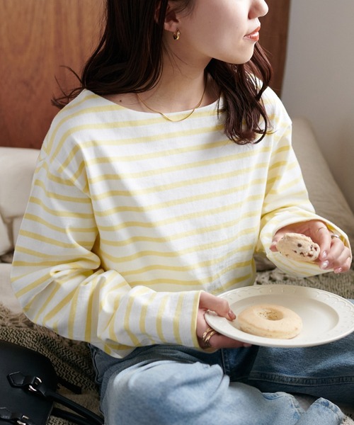 DISCOAT（ディスコート）の「【WEB限定】バスクボーダーロングスリーブ（Tシャツ/カットソー・レディース・ブルー/サックスブルー/ピンク/オレンジ/ミント/パープル/ネイビー/ブラウン/ブラック/マスタード/ホワイト/ベージュ/キャメル/ベビーピンク/グレー/レッド/オフホワイト/イエロー・FREE）」の13枚目の写真